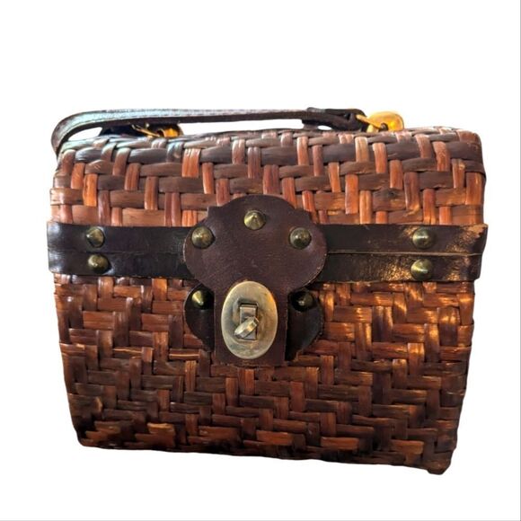 Vintage brown leather‎ straw structured box purse Spain - Picture 1 of 7